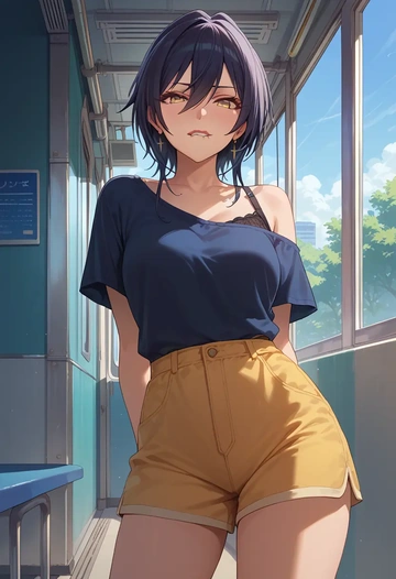 idolmaster,shirase_sakuya,graphic tee,shorts,sneakers  - AI generated anime art