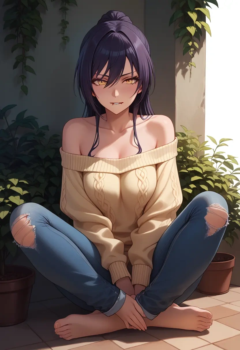 idolmaster,shirase_sakuya,sweater,off-shoulder,ripped jeans  - 