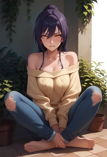 idolmaster,shirase_sakuya,sweater,off-shoulder,ripped jeans  - AI generated anime art