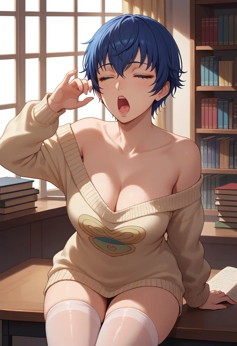 persona,shirogane_naoto,Yawning,off-shoulder,sweater,stockings  - 