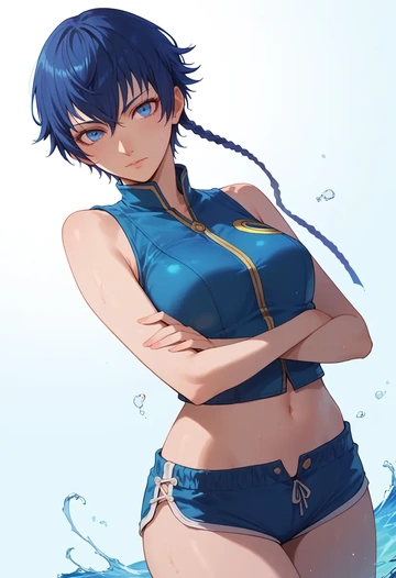 persona,shirogane_naoto,sleeveless swim top,shorts-style bottom,contrast stitching  - AI generated anime art