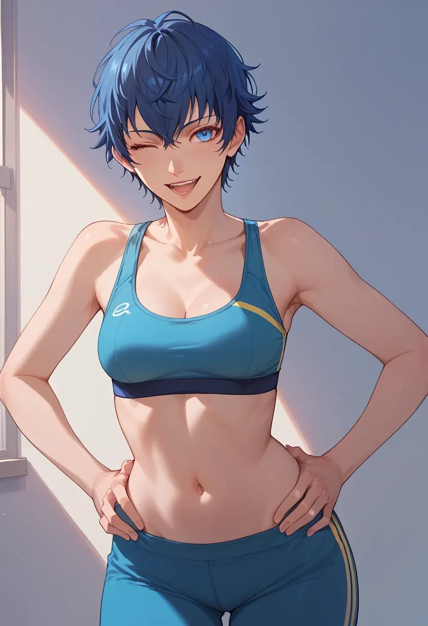 persona,shirogane_naoto,sports bra,high-waisted leggings  - 