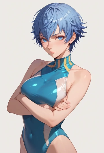 persona,shirogane_naoto,racerback swimsuit,striped trim,name tag patch  - AI generated anime art