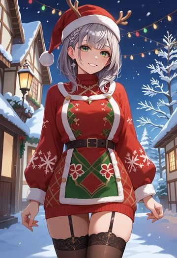 hololive,shirogane_noel,sweater,stockings,Thigh garters  - AI generated anime art