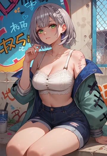 hololive,shirogane_noel,patchwork graffiti top,dolphin shorts  - AI generated anime art