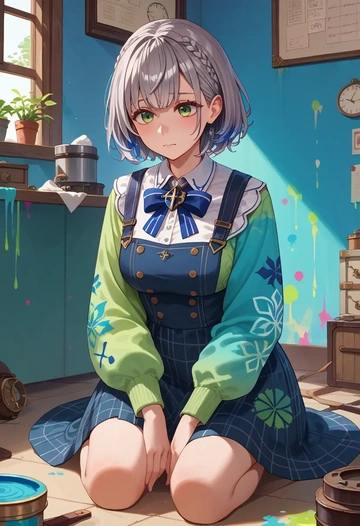 hololive,shirogane_noel,paint-splatter blouse,dolphin shorts  - AI generated anime art