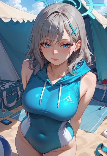 blue_archive,shiroko_(swimsuit)_(blue_archive),sleeveless hoodie,biker shorts  - AI generated anime art