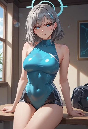 blue_archive,shiroko_(swimsuit)_(blue_archive),leather,shorts  - AI generated anime art