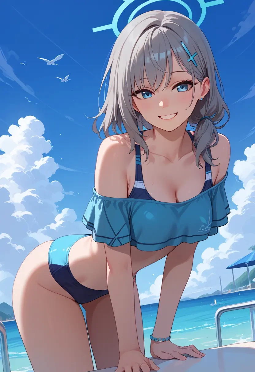 blue_archive,shiroko_(swimsuit)_(blue_archive),off-shoulder top,dolphin shorts  - 