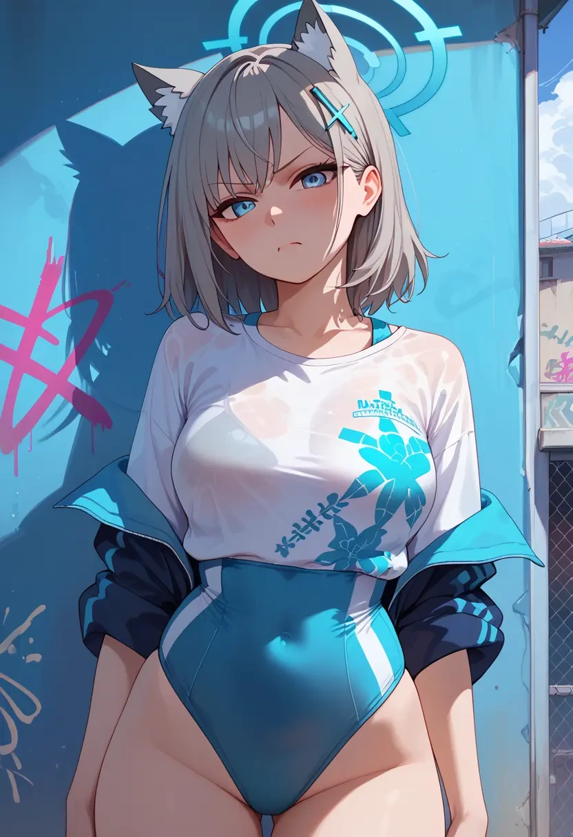 blue_archive,shiroko_(swimsuit)_(blue_archive),oversized graffiti shirt,dolphin shorts  - 