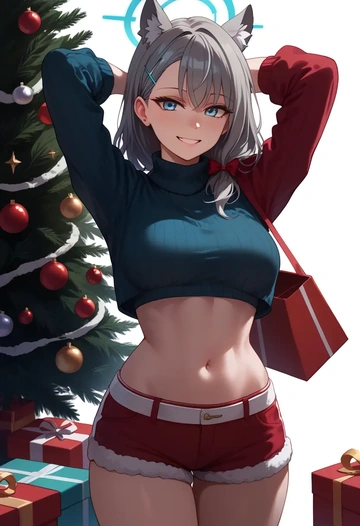 blue_archive,shiroko_terror_(blue_archive),Christmas,red velvet shorts,turtleneck sweater  - AI generated anime art