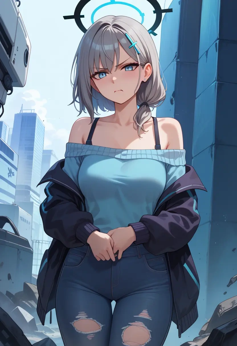 blue_archive,shiroko_terror_(blue_archive),sweater,off-shoulder,ripped jeans  - 