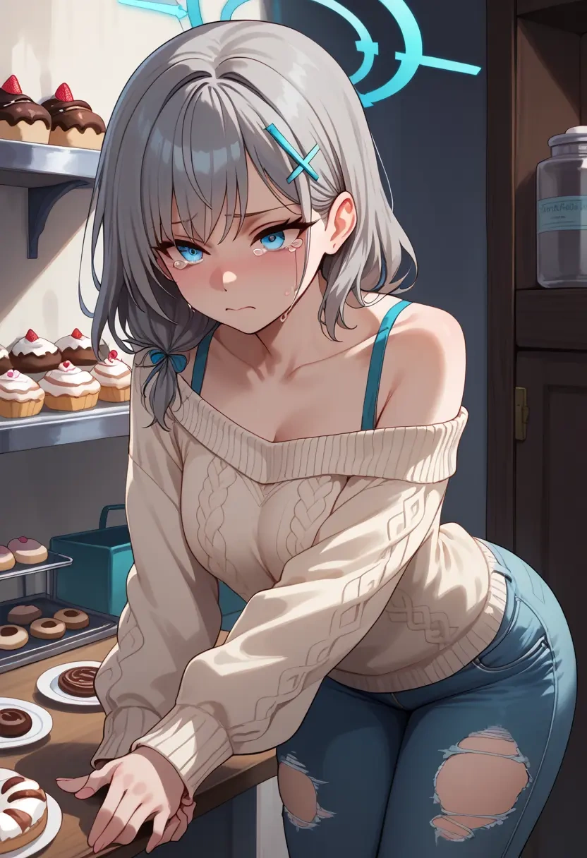 blue_archive,shiroko_terror_(blue_archive),sweater,off-shoulder,ripped jeans  - 