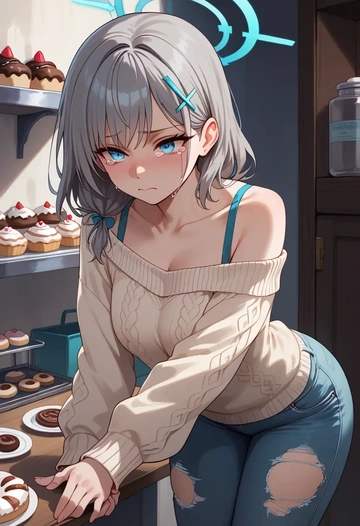 blue_archive,shiroko_terror_(blue_archive),sweater,off-shoulder,ripped jeans  - AI generated anime art