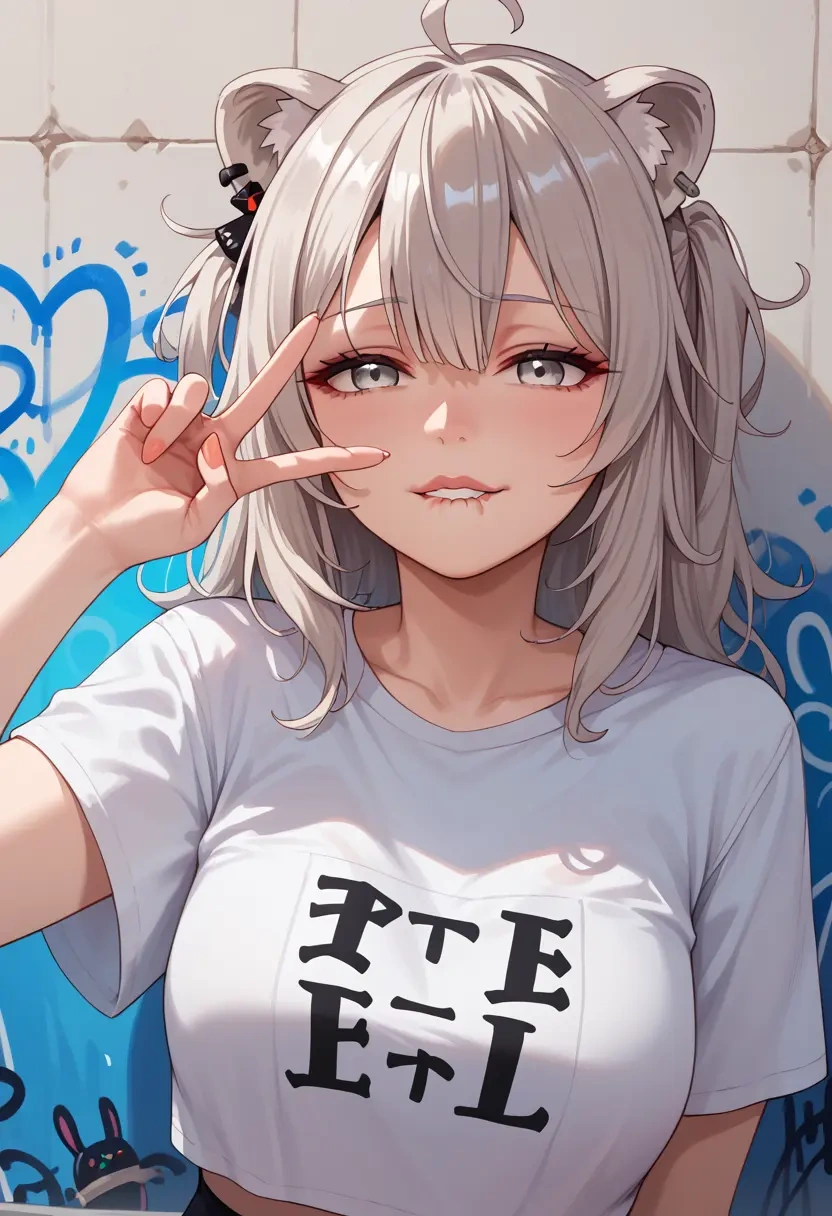 hololive,shishiro_botan_(1st_costume),crop graffiti tee,dolphin shorts  - 