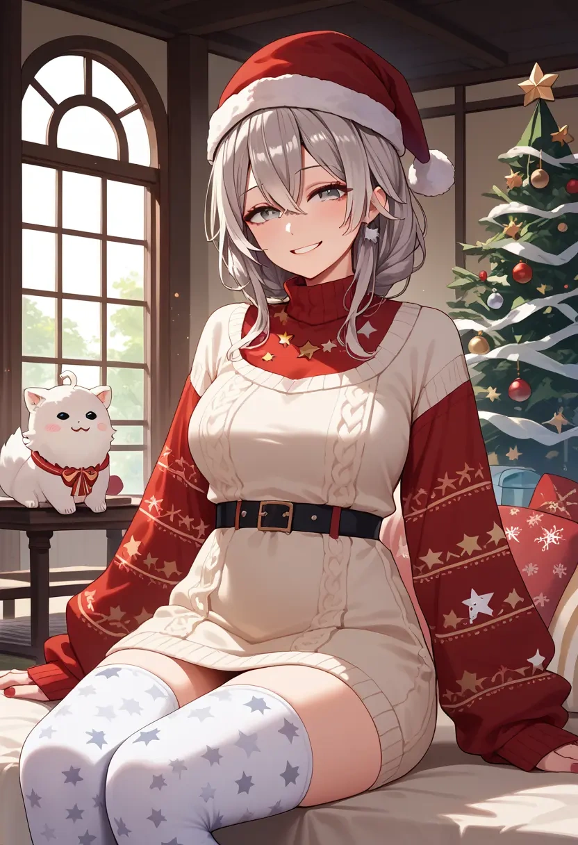 hololive,shishiro_botan_(1st_costume),Christmas,sweater dress,stockings  - 