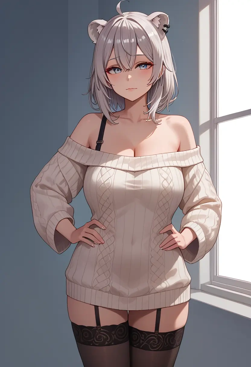 hololive,shishiro_botan,Hands on hips,off-shoulder,sweater,stockings  - 