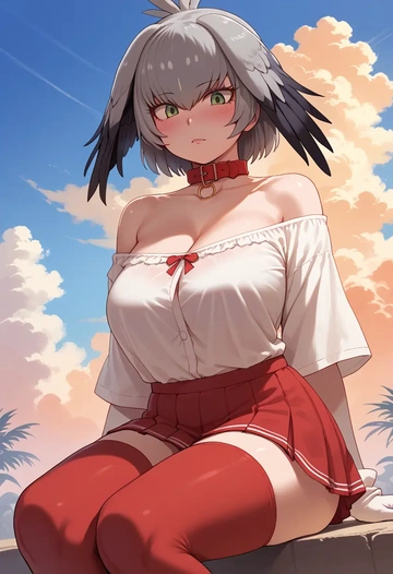 kemono_friends,shoebill_(kemono_friends),collar,oversized,Thigh garters  - AI generated anime art