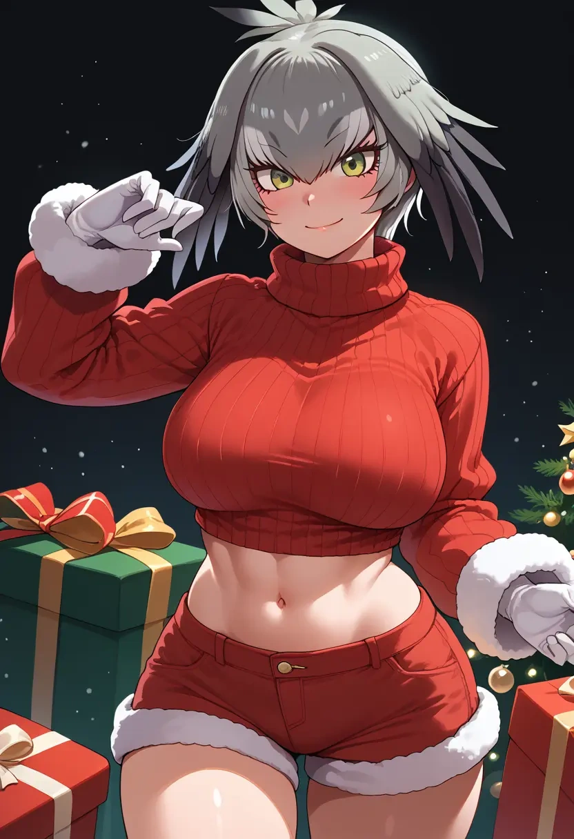 kemono_friends,shoebill_(kemono_friends),Christmas,red velvet shorts,turtleneck sweater  - 