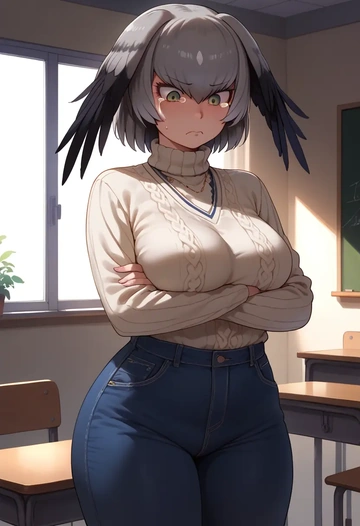 kemono_friends,shoebill_(kemono_friends),teacher, sweater, jeans shorts  - AI generated anime art