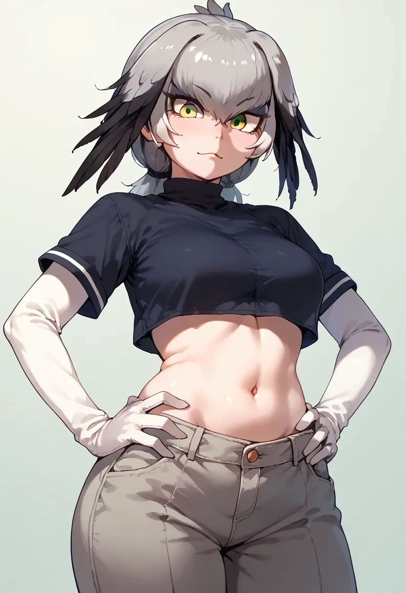 kemono_friends,shoebill_(kemono_friends),crop top,loose joggers,headset  - 