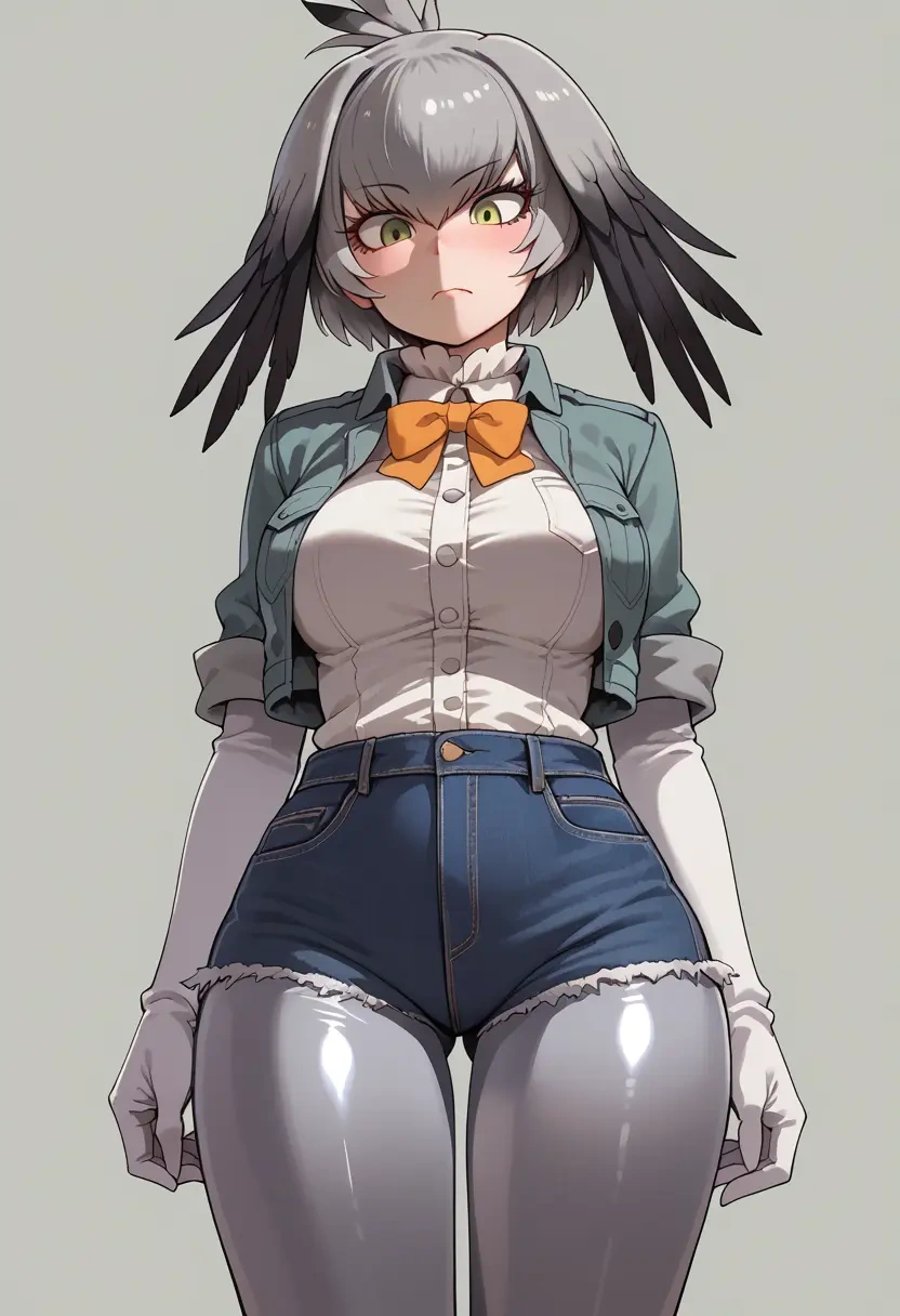 kemono_friends,shoebill_(kemono_friends),denim jacket,cropped,leather leggings  - 