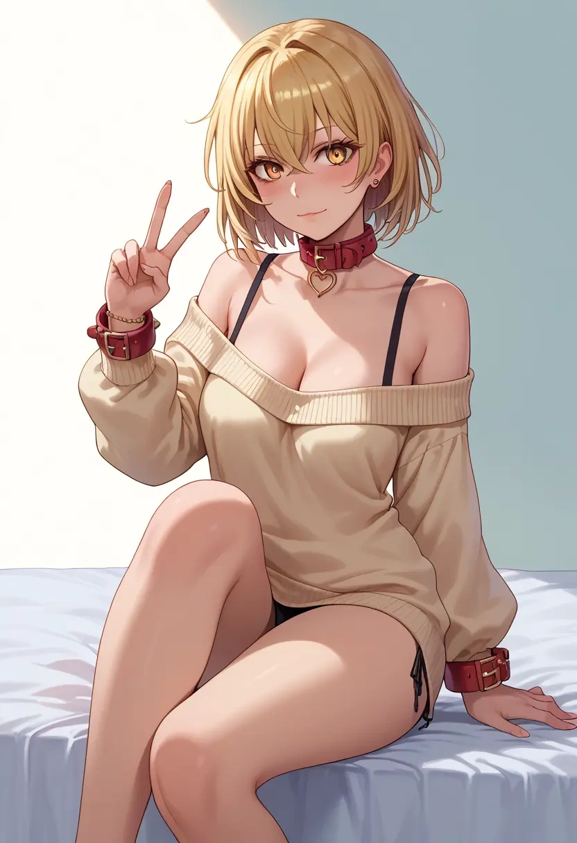 toaru_majutsu_no_index,shokuhou_misaki,blushing,collar,peace sign,off-shoulder,sweater  - 