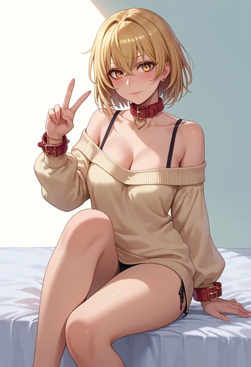 toaru_majutsu_no_index,shokuhou_misaki,blushing,collar,peace sign,off-shoulder,sweater  - AI generated anime art