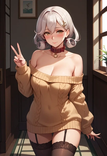 kantai_collection,shoukaku_(kancolle),blushing,collar,off-shoulder,sweater,stockings  - AI generated anime art