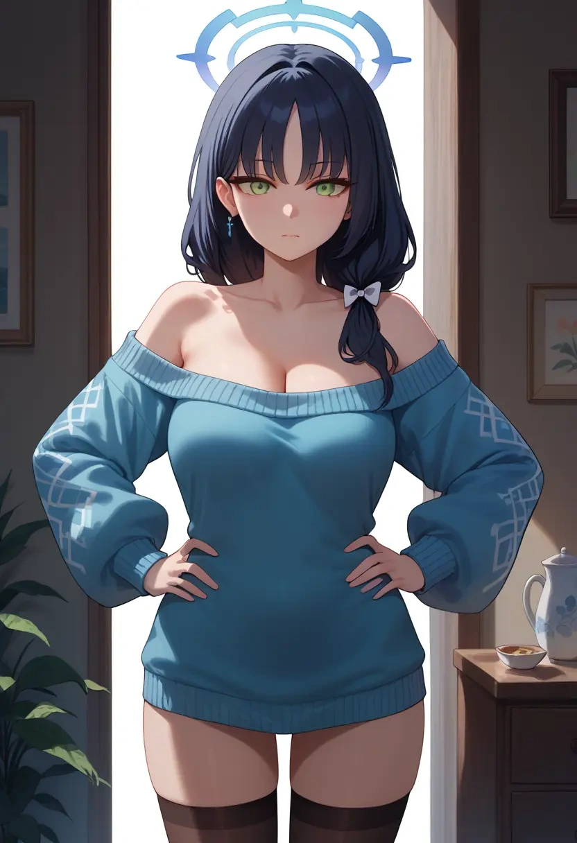 blue_archive,shun_(blue_archive),Hands on hips,off-shoulder,sweater,stockings  - 