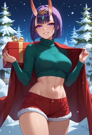 fate_(series),shuten_douji_(fate),Christmas,red velvet shorts,turtleneck sweater  - AI generated anime art