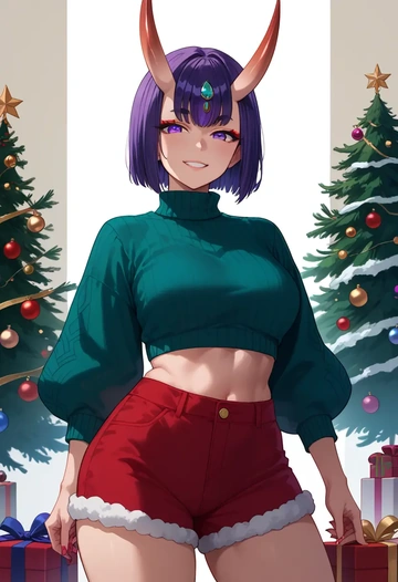 fate_(series),shuten_douji_(fate),Christmas,red velvet shorts,turtleneck sweater  - AI generated anime art