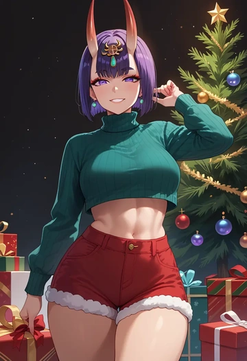 fate_(series),shuten_douji_(fate),Christmas,red velvet shorts,turtleneck sweater  - AI generated anime art