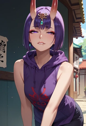 fate_(series),shuten_douji_(fate),sleeveless hoodie,biker shorts  - AI generated anime art