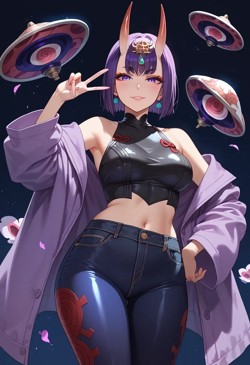 fate_(series),shuten_douji_(fate),denim jacket,cropped,leather leggings  - 