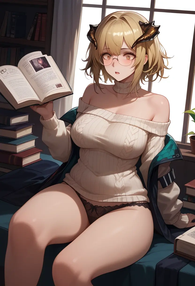 arknights,siege_(arknights),sweater,panties,off-shoulder,glasses,sexy  - 