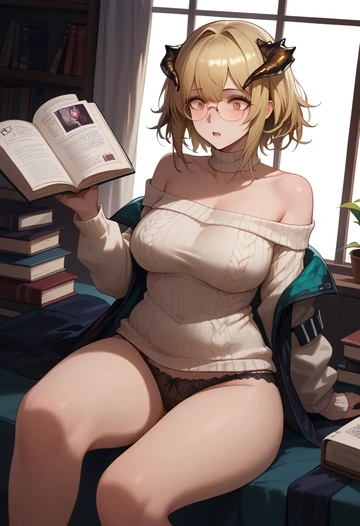 arknights,siege_(arknights),sweater,panties,off-shoulder,glasses,sexy  - AI generated anime art