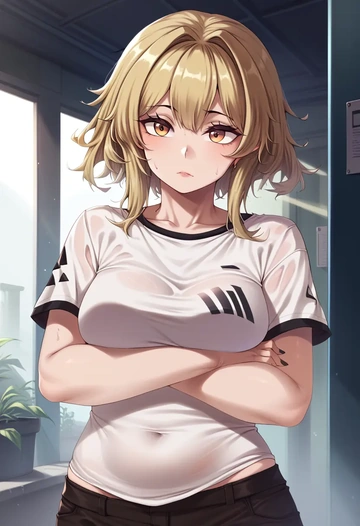 arknights,siege_(arknights),running shirt,shorts,sneakers  - AI generated anime art