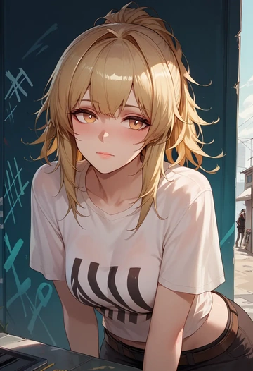 arknights,siege_(arknights),crop graffiti tee,dolphin shorts  - AI generated anime art