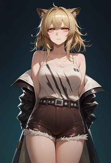 arknights,siege_(arknights),graphic tee,shorts,sneakers  - AI generated anime art