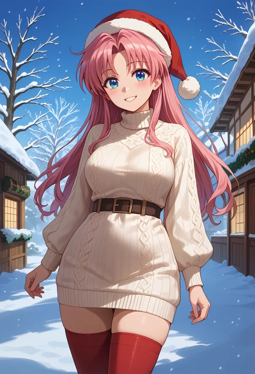 lyrical_nanoha,signum,Christmas,sweater dress,stockings  - 