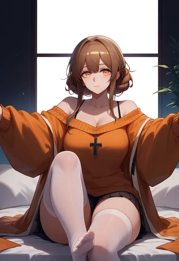 arknights,silence_(arknights),cross-legged,off-shoulder,sweater,stockings  - AI generated anime art