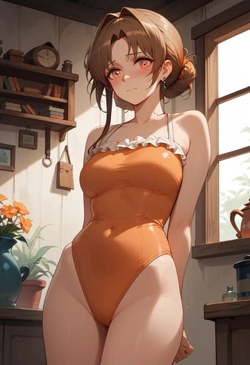 arknights,silence_(arknights),retro style swimsuit,frilled neckline,bow detail  - AI generated anime art