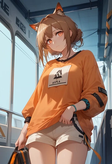 arknights,silence_(arknights),graphic tee,shorts,sneakers  - AI generated anime art