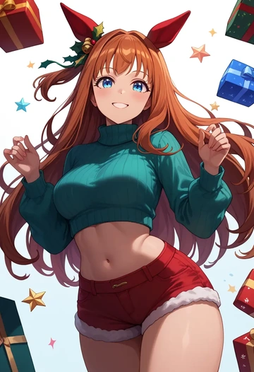 umamusume,silence_suzuka_(umamusume),Christmas,red velvet shorts,turtleneck sweater  - AI generated anime art