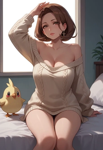 pokemon,silver_(pokemon),cross-legged,off-shoulder,sweater,stockings  - AI generated anime art