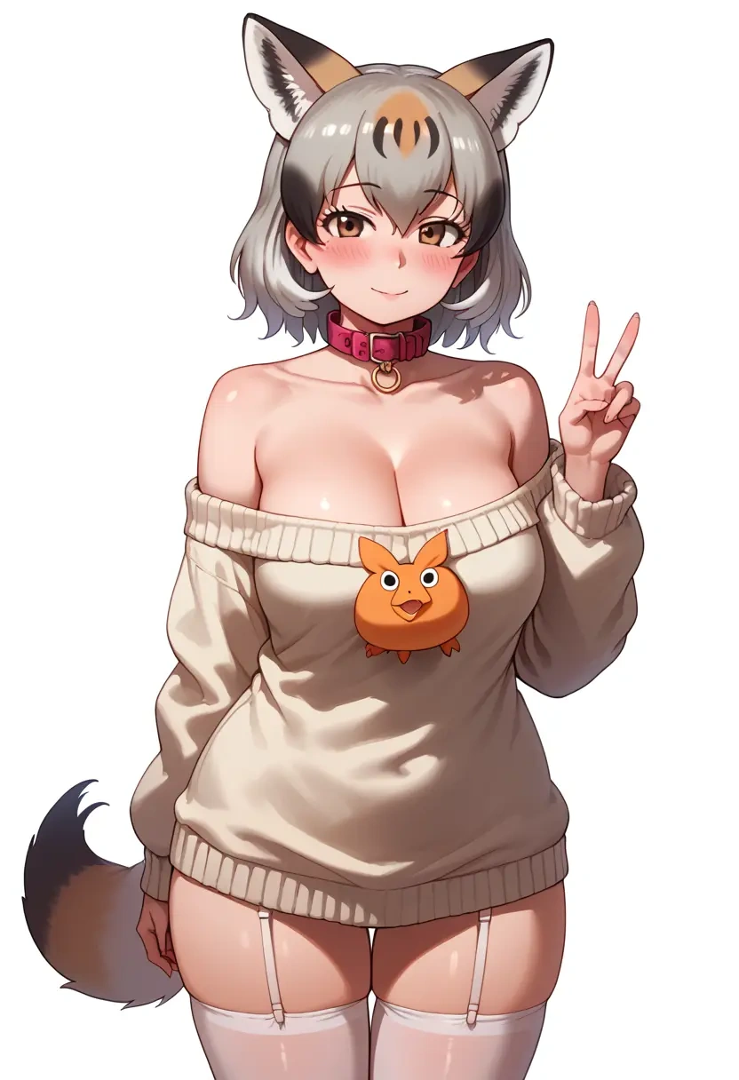 kemono_friends,silver_fox_(kemono_friends),blushing,collar,off-shoulder,sweater,stockings  - 