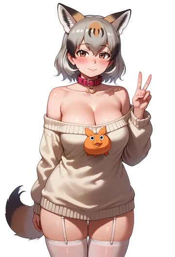 kemono_friends,silver_fox_(kemono_friends),blushing,collar,off-shoulder,sweater,stockings  - AI generated anime art