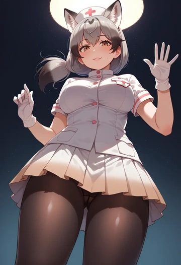 kemono_friends,silver_fox_(kemono_friends),nurse pantyhose,mini skirt, sexy  - AI generated anime art