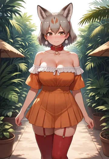 kemono_friends,silver_fox_(kemono_friends),collar,oversized,Thigh garters  - AI generated anime art